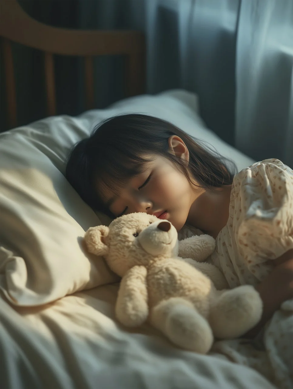 비염 코막힘 뚫는법|곰인형을 안고 침대에서 잠든 아이의 모습